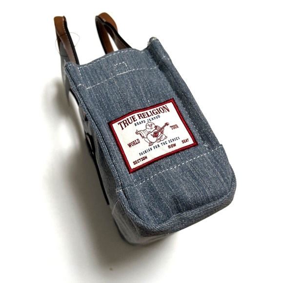 NWT TRUE RELIGION Denim Horseshoe Mini Tote Crossbody Bag Patch Logo Light Blue - Picture 5 of 8